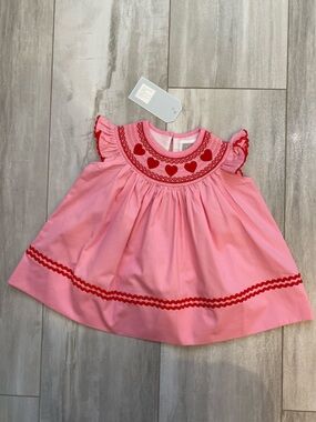 NWT Lil Cactus Pink Cotton Flutter Smocked Heart Classic Bishop Dress girls 3-6M